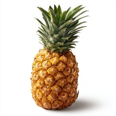 Fototapeta premium A ripe golden pineapple with green leafy crown presented as an isolated object on a white background 