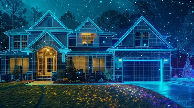 Animated illustration of smart security, protective digital boundary traces the edges of doors, windows, walls and the permiter of the yard; A suburban home with a digital grid covering the property,