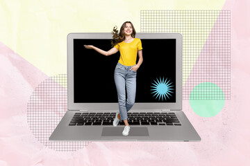 Image full trendy 3d collage poster of happy businesswoman stand laptop keypad video call coding...