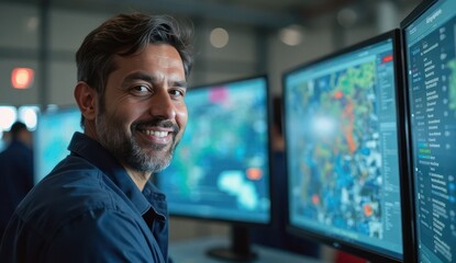 smiling indian engineer near airplane equipment