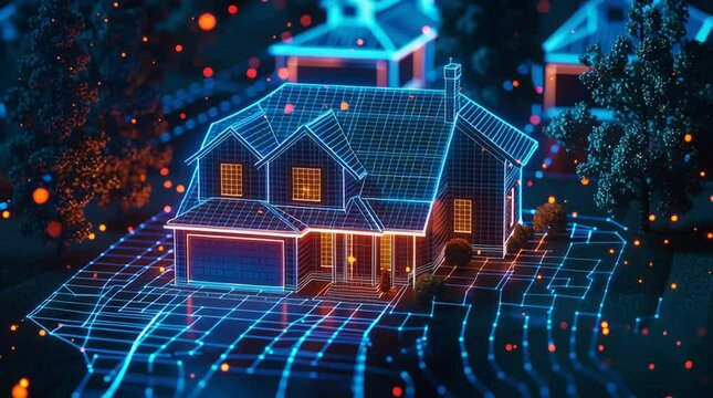 An illustration of smart security, protective digital boundary blue lines tracing the edges of doors, windows, walls and yard; A suburban home with a digital grid covering the property - animation, 3d