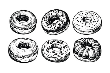 Donuts Vector Engraving Set. Detailed Monochrome Illustrations of Bakery Sweets. Vintage Engraving Style
