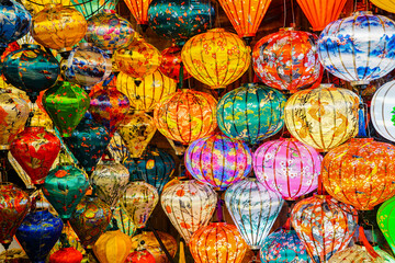 Vibrant Vietnamese silk lanterns light up the scene with dazzling color tradition, and culture charm