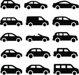 Vector Silhouettes of Various Car Types – Isolated Black Vehicle Outlines on White Background