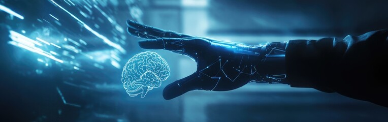 Futuristic robotic hand hovers over a digital brain in a dark, technology-filled environment