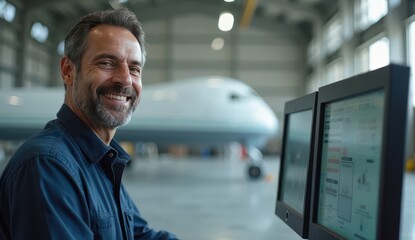 happy indian aviation technician by aircraft wing