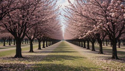 Naklejka premium Blossoming Cherry Tree Pathway with Petal-Covered Ground – Tranquil Springtime Symmetry Scene