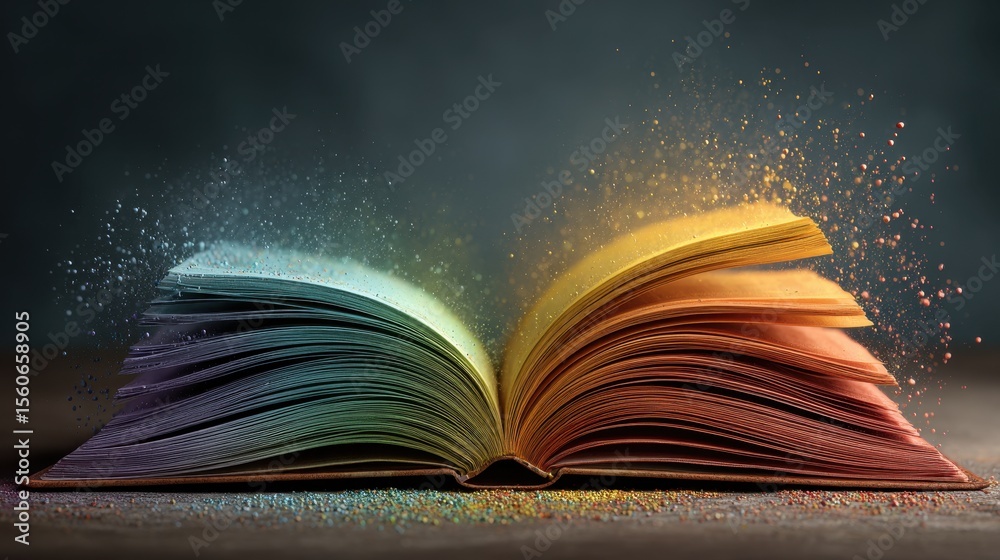 Aufkleber Open colorful book with magical sparkles evoking knowledge and imagination on a table against a dark background