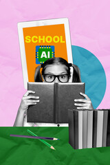 Contemporary artwork collage of happy schoolgirl peek book tablet artificial intelligence...