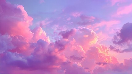 Cumulus clouds paint the Sky in shades of pastel pink and purple at twilight, creating a whimsical and ethereal atmospheric panorama