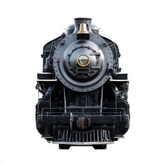 Fototapeta premium Front view of a classic black steam locomotive with a brass bell isolated on white background