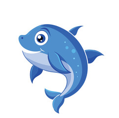 Cartoon blue fish leaping upwards isolated on white background