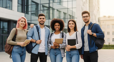 Fototapeta premium Group of Diverse Young Students Standing Outside Modern Glass Building