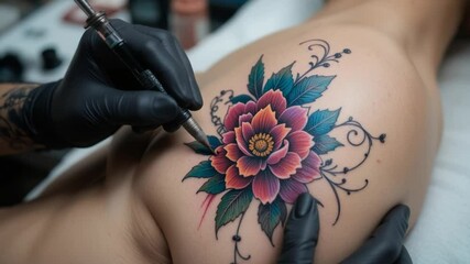 Professional tattoo artist creates a floral design on a client's shoulder in a tattoo studio - Powered by Adobe