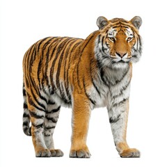 Majestic bengal tiger standing and looking forward with intense gaze isolated on white background