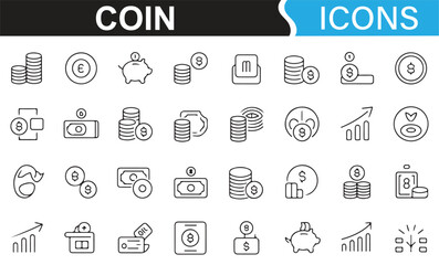 Icons representing various aspects of finance, including coins, savings, and transactions.
