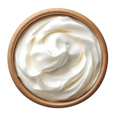 Yogurt in wooden cup top view isolated on transparent background