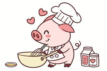Vector cute Pig cartoon character, wearing a chef's hat, whisking ingredients in a bowl, focused and happy expression, kitchen utensils hint, isolated on white background