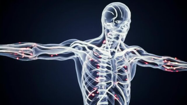 Futuristic 3D animation of a transparent human anatomical model showing the skeleton and nervous system with glowing neural connections. The visualization highlights bones, nerves, and joints in a hig