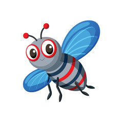 Cute cartoon fly icon with large red compound eyes isolated on white background