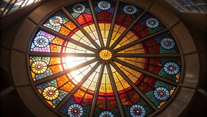 Obraz premium Sunlight streams through a vibrant circular stained glass window with geometric patterns and radiating spokes