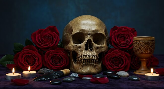 An antique human skull lies among red roses. A pagan ritual or wiccan altar setup for fortune-telling or occult concept. - Powered by Adobe