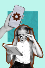 Banner image artwork exclusive collage of happy preteen schoolgirl hold notepad exam fail hand...