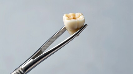 Close-up of a realistic tooth model or ceramic restoration, being carefully examined or positioned with specialized dental forceps. Ideal for showcasing high-quality dental materials