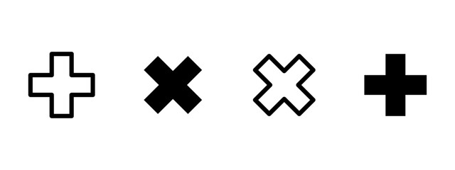 Cross and cancel icon. Plus and X symbols in outlined and filled styles vector illustration. Medical, interface and dialog button symbol. UI and design interaction sign. Multipurpose pictogram.