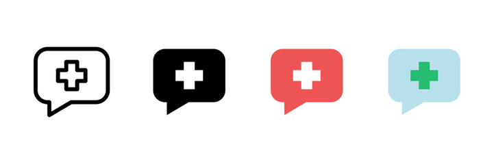 Health message icon. Speech bubble with medical cross vector illustration. Online consultation and healthcare chat symbol. Emergency communication and patient support sign. Digital health pictogram.