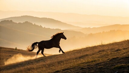 A majestic horse gallops uphill across a golden, sunlit meadow at sunset or sunrise, with rolling hills shrouded in mist in the background. Ideal for themes of freedom, strength, and natural beauty