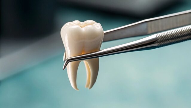 Close-up of a perfectly formed extracted molar held by surgical tweezers, isolated against a soft, out-of-focus background