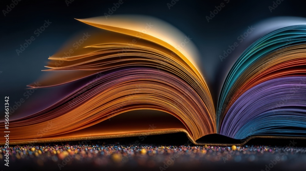 Poster Open colorful book with magical sparkles evoking knowledge and imagination on a table against a dark background