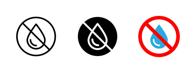 No water icon. Crossed-out water drop fluid restriction vector illustration. Used for leak prevention and moisture control symbol. Common in waterproof zones and dry areas sign. Hydration ban.