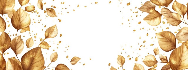 Golden leaves and confetti on white background