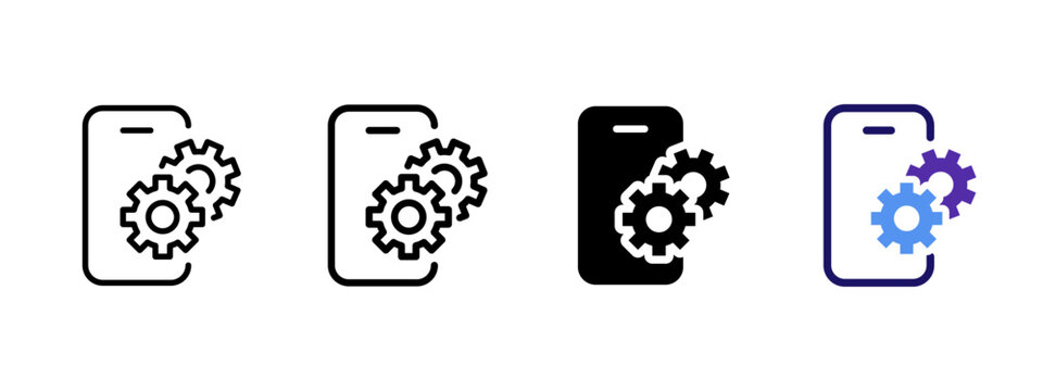 Settings icon. Smartphone with two overlapping gears representing configuration vector illustration. Mobile system management symbol. Device optimization tools sign. Application control pictogram.