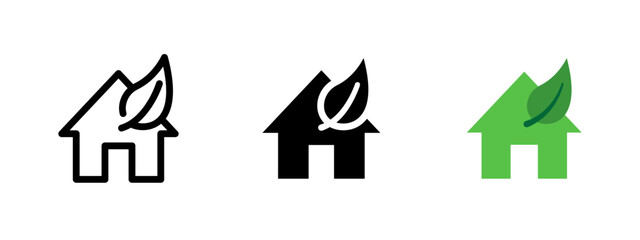 Eco home icon. Green house with leaf symbol. Sustainable living vector illustration. Environmental building concept for energy-efficient design symbol. Natural organic home sign. Eco-friendly living.