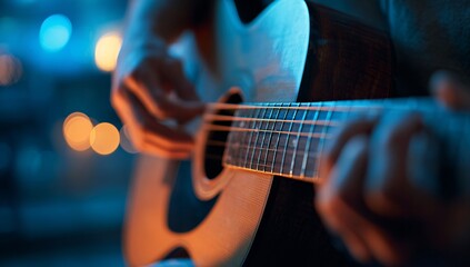 Obraz premium Close-Up of Fingers Strumming Acoustic Guitar Strings