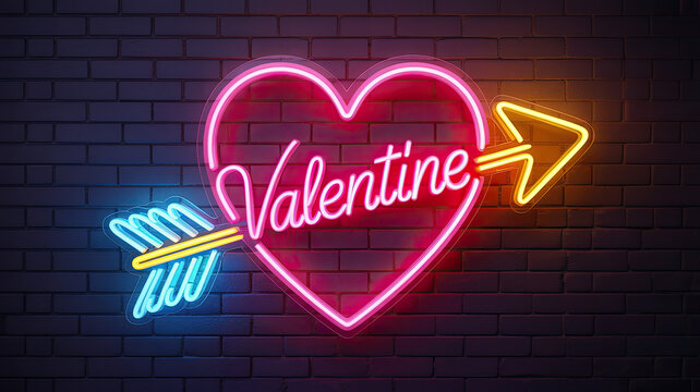 Heart shaped neon sign with valentine text and arrow image - Powered by Adobe