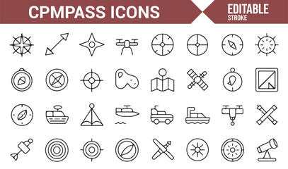 Simple compass symbols representing directions, navigation tools, and travel routes.
