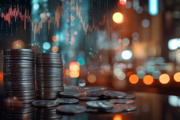 Stacks of coins with financial data overlayed on a blurred city night background