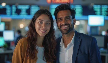young indian economists posing near stock monitors