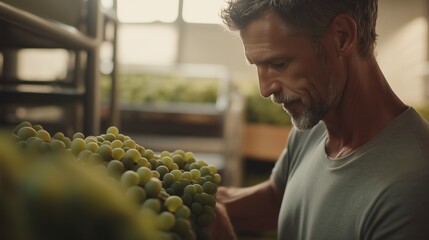 Man carefully inspecting grapes in a vineyard during the late afternoon harvest