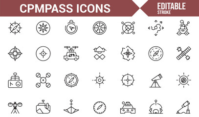 Line art compass icons for navigation, adventure, and location planning in travel.