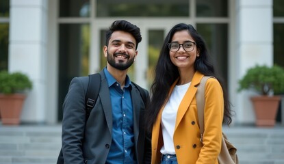 group of indian students smiling near big steps