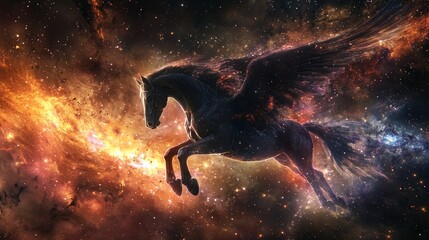 A Majestic Winged Horse Dissolving Into Fiery Flames Highlighting Fantasy Art, Mythical Themes, and Creative Imagination in Dramatic Composition