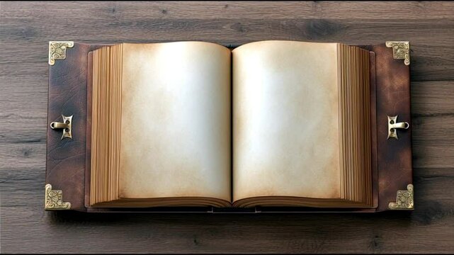 Ancient book page turning animation on wooden table with vintage brass accents