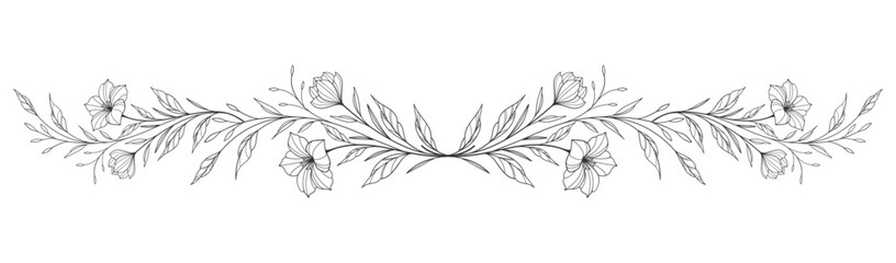 flower and leaves drawing. Vector hand drawn engraved floral card. Botanical, branch and flower Black ink sketch. Great for tattoo, invitations, greeting cards, decor