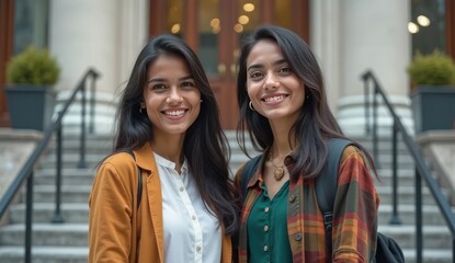 young indian learners smiling on large stairway