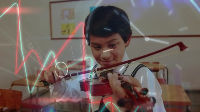 Educational boy lifting violin and bowing while causing animated data charts swirling around him